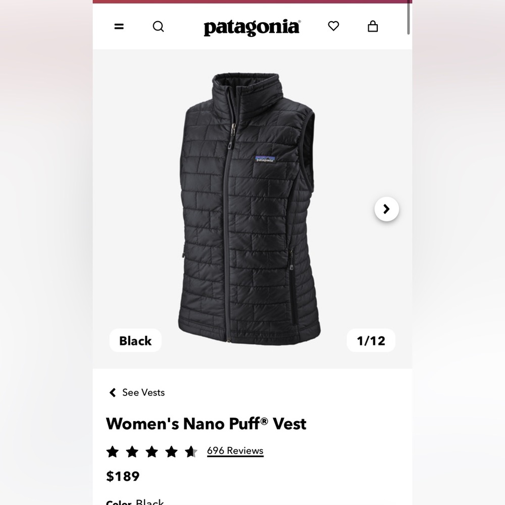 Patagonia Women’s Nano Puff Vest, Black Size XL